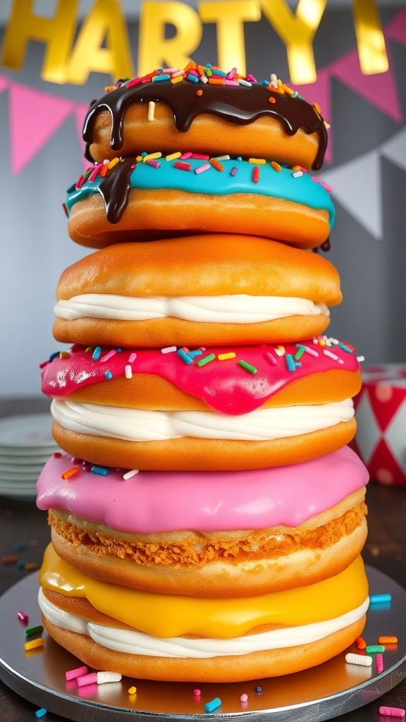 A tall 9-layer donut cake made of glazed donuts with frosting and sprinkles, ready for a celebration.